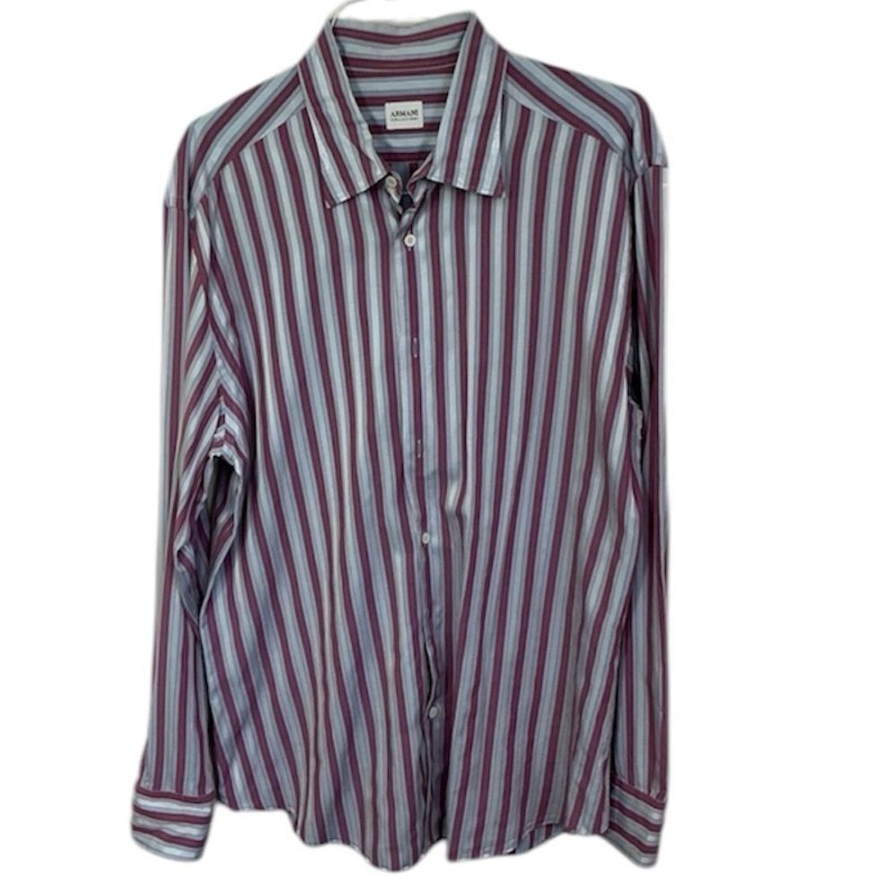 Armani Collezioni Men's Red Blue Gray Striped Button Down Shirt Size XL